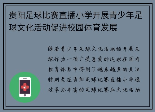 贵阳足球比赛直播小学开展青少年足球文化活动促进校园体育发展